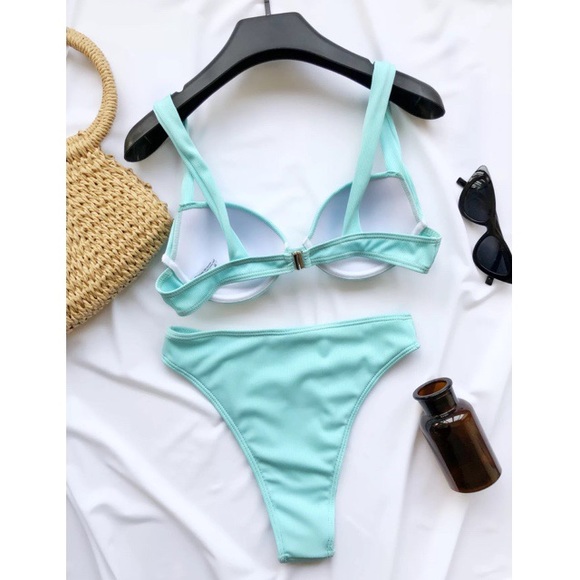 Turquoise High Waist Ribbed Two Piece / Bikini - Picture 2 of 2